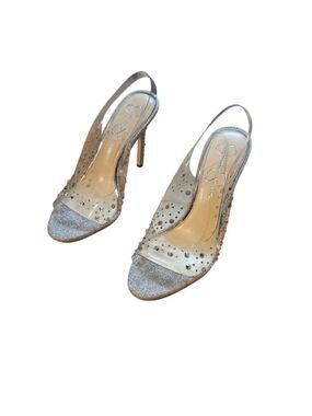 Jessica Simpson Silver Clear Glitter Slingback Heels Size 7